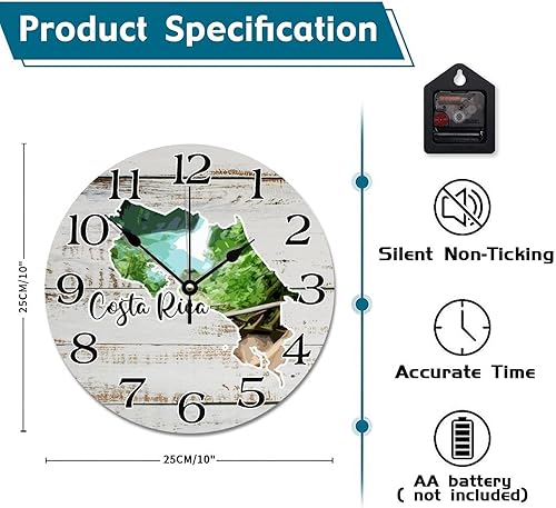 Miniatura 6 de Guangpat Reloj de pared emblemático de Costa Rica, mapa de Costa Rica, atracción turística, relojes de pared grandes, funciona con pilas, 10