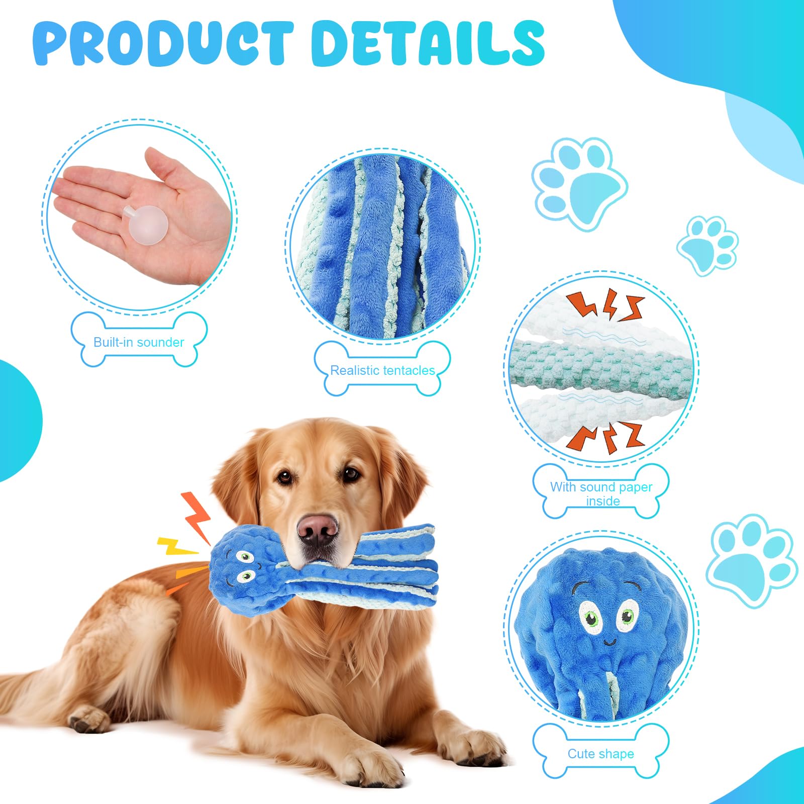 Interactive Octopus Toy With Squeaky Plush, Crinkle Paper - Image 3
