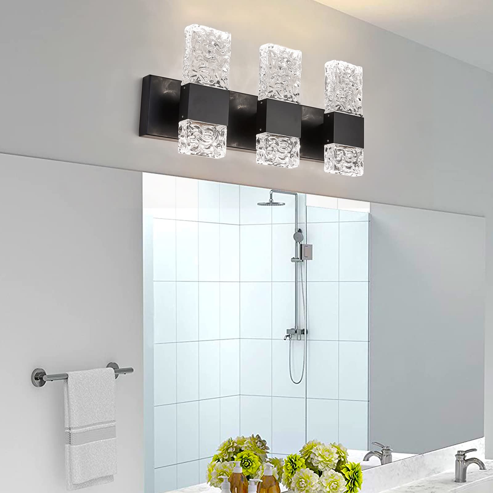 OYLYW Black Bathroom Light Fixtures Crystal Bathroom Vanity Light 3 Light Over Mirror Modern LED Wall Light for BathroomοΌ6000K Cool LightοΌ30 Watts