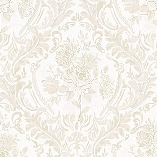 Ismoon Floral Peel and Stick Wallpaper Vintage Beige Contact Paper Boho Watercolor Damask Wall Paper Textured Removable Self Adhesive Vinyl Wallpaper for Cabinet Bedroom Wall Decor, 17.3 in X 6.5 ft