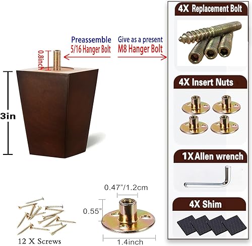 Miniatura 4 de Juego de 4 patas de madera para muebles, patas de sofá de 3 pulgadas, patas cuadradas marrones para sofá, patas de repuesto de mediados de siglo