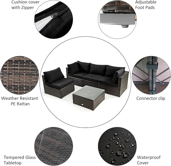 Tangkula 5 Pieces Patio Furniture Set, All Weather Wicker L-Shaped Corner Sofa Set w/Soft Cushions, Outdoor Sectional Conversation Couch Set w/Glass Table for Backyard Garden Poolside (Black)
