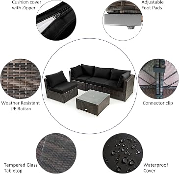 Tangkula 5 Pieces Patio Furniture Set, All Weather Wicker L-Shaped Corner Sofa Set w/Soft Cushions, Outdoor Sectional Conversation Couch Set w/Glass Table for Backyard Garden Poolside (Black)