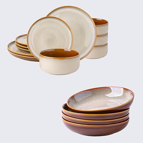 Juego de 4 vajilla de cerámica, juegos de platos y cuencos Poreclain, juego de platos esmaltados reactivos hechos a mano, resistentes a las astillas