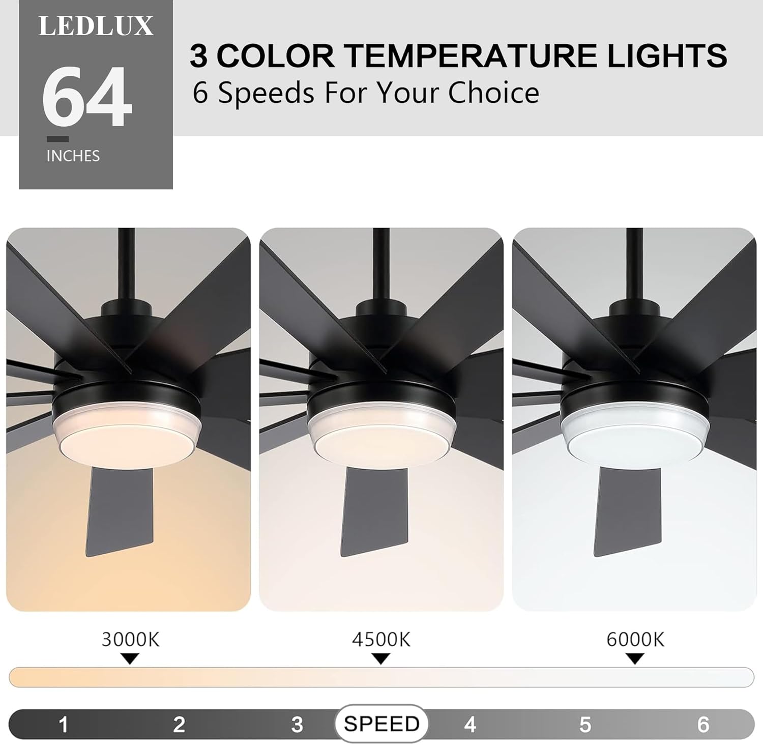 LEDLUX 64" DC Motor Ceiling Fan with Light, 6-Speed Remote Control, Reversible Motor, Modern 9 Blades Black Ceiling Fan with 4.5"/12" Downrods for Home or Commercial, Living Room/Restaurant