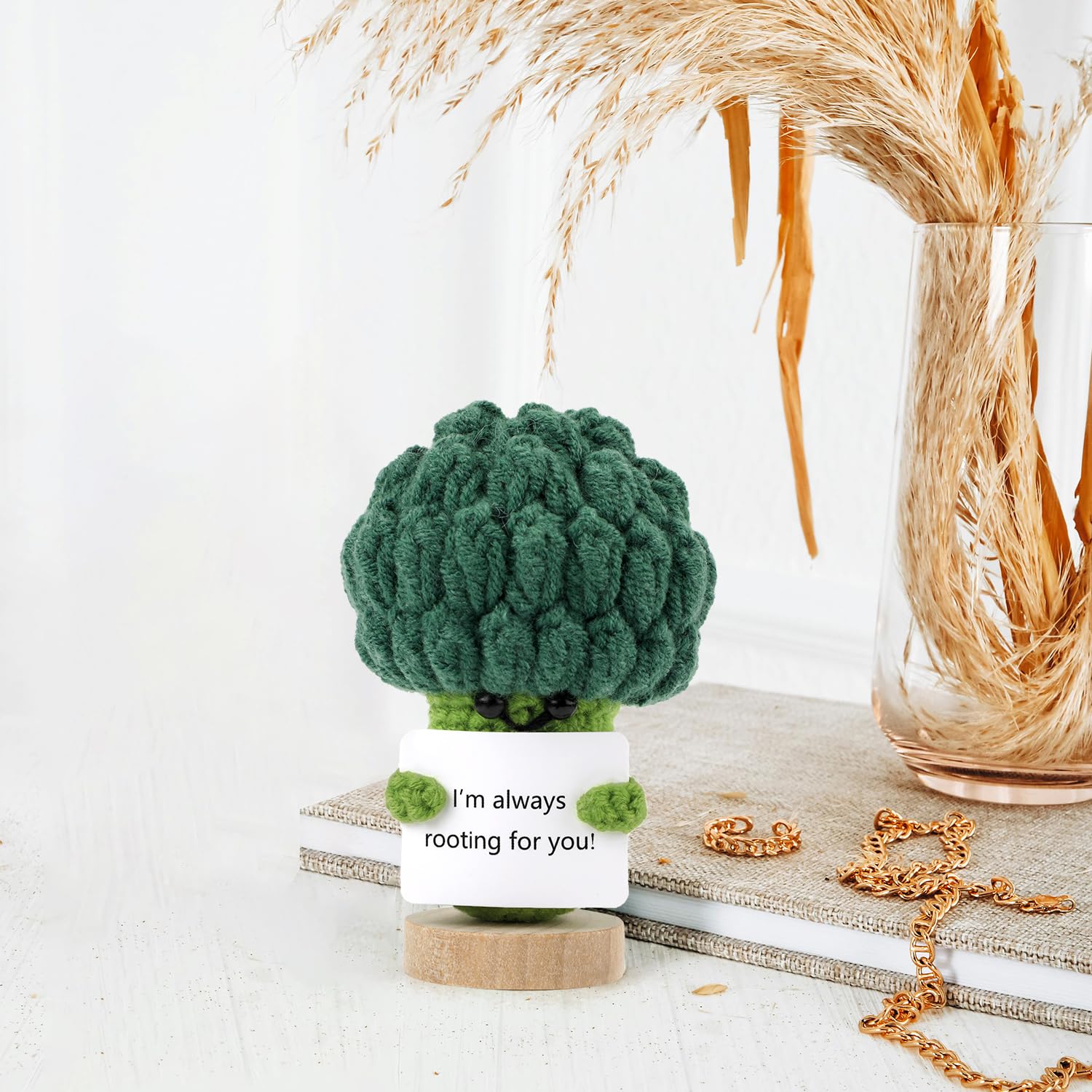 Positive Broccoli, Green Cute Warm Knitted Toy with a Wood Stand