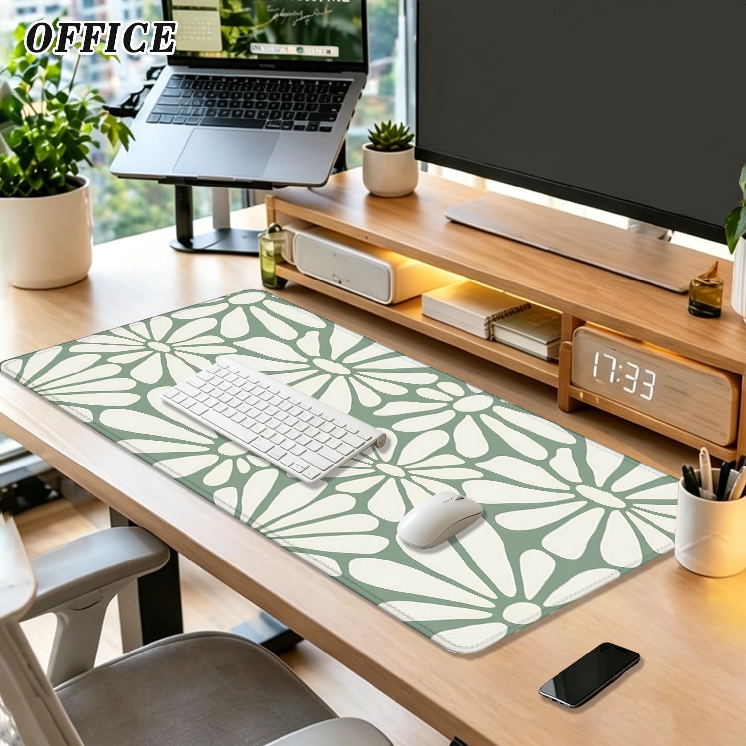 Sage Green Boho Floral Large Gaming Mouse Pad 31.5x15.7in image 4