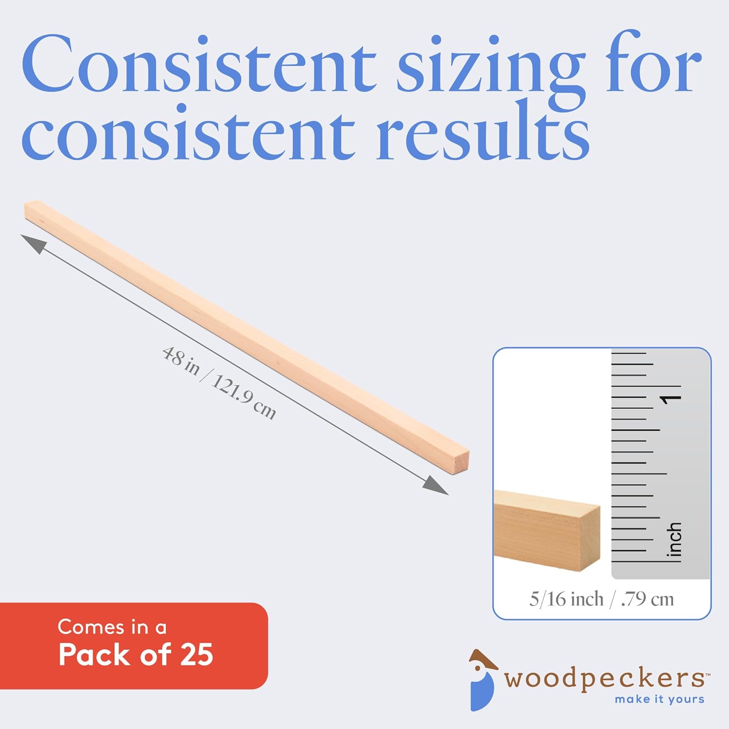 Wood Square Dowel Rods 5/16 inch x 48 Pack of 25 Wooden Craft Sticks for Crafts and Woodworking by Woodpeckers