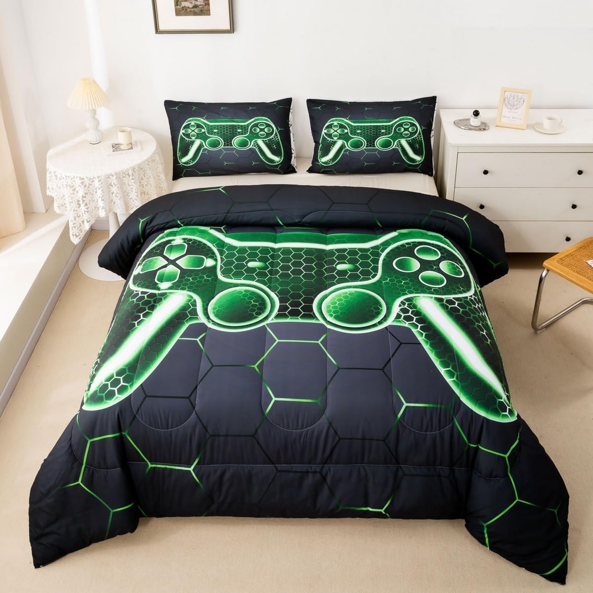 Feelyou Gamer Comforter Set for Kids Boys Teens Twin Size Game Controller Comforter 2Pcs Gaming Gifts Bedding for All Season(Twin,Green) Boys
