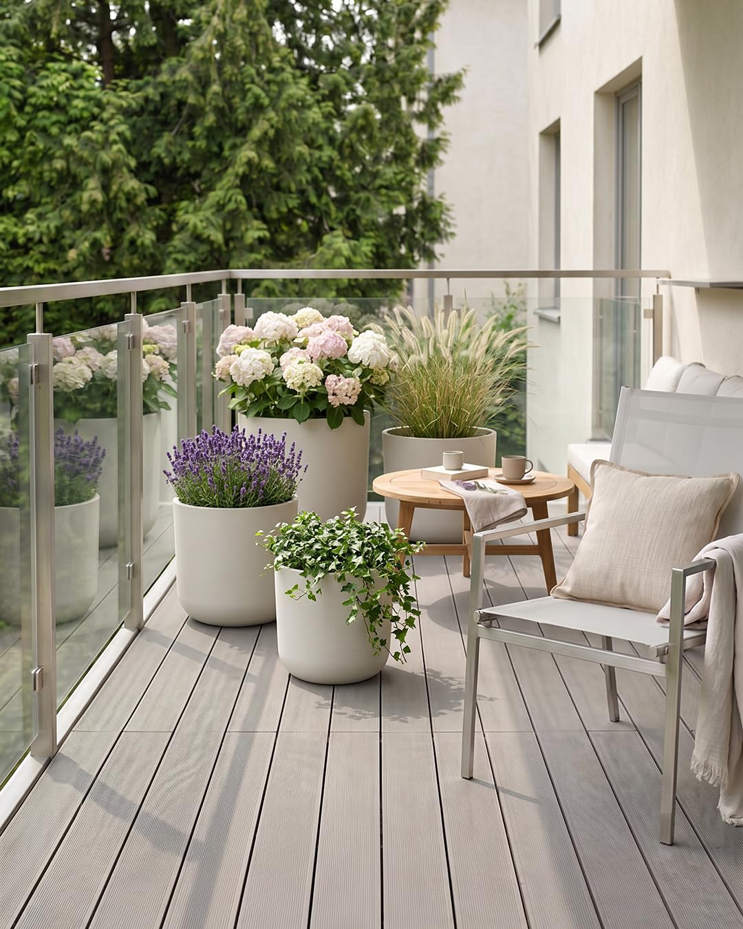 Mazovia Pflanzentopf für Terrasse, Balkon und Zuhause, 44x44x43 cm Elegante L UV- und frostbeständig, wasserdicht, Weiß Ecru in Betonoptik, 1 Stück