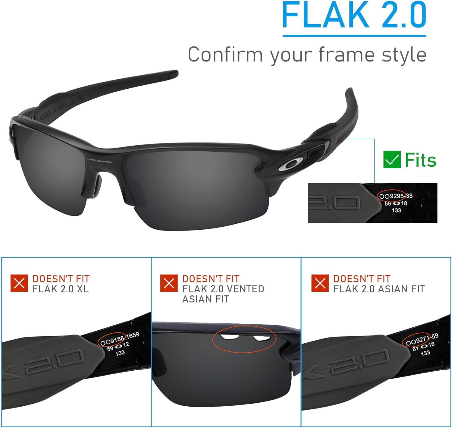 5 Pairs Replacement Lenses&Rubber Kits for Oakley Flak 2.0 OO9295 Sunglasses - Solid Black+Emerald+Ice Blue+Fire Red+Titanium