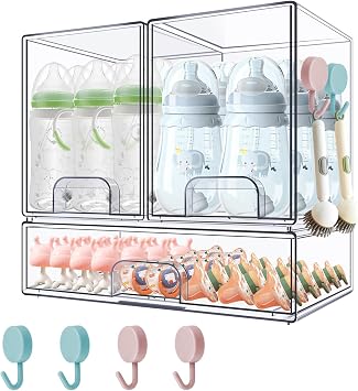 Baby Bottle Organizer with Hooks - 3 Pack Stackable Storage Drawer | Baby Organizers and Storage, Clear Acrylic Multipurpose Bottle Storage for Countertop