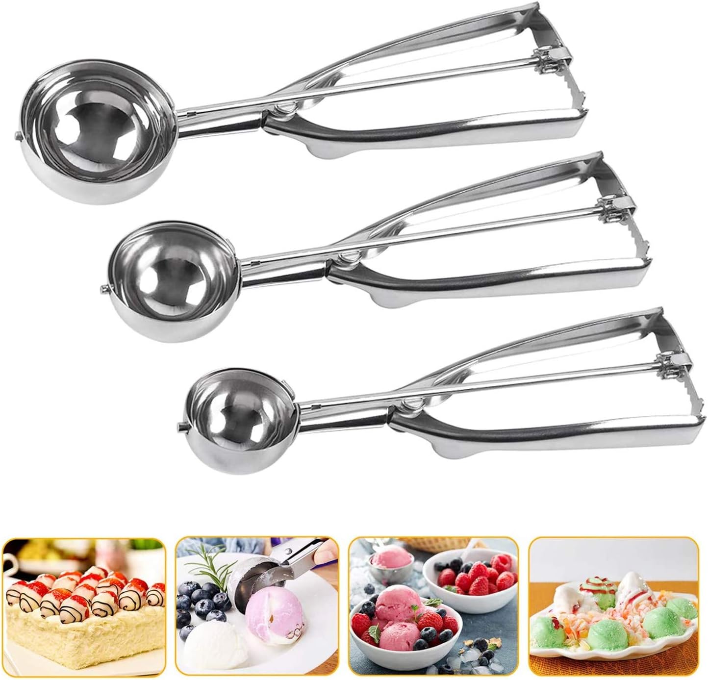 Oasisgalore Cookie Scoop Set Ice Cream Scoop Set 3 PCS 18/8 Stainless Steel Ice Cream Scoop Trigger Include Large-Medium-Small Size Melon Scoop (cookie scoop)