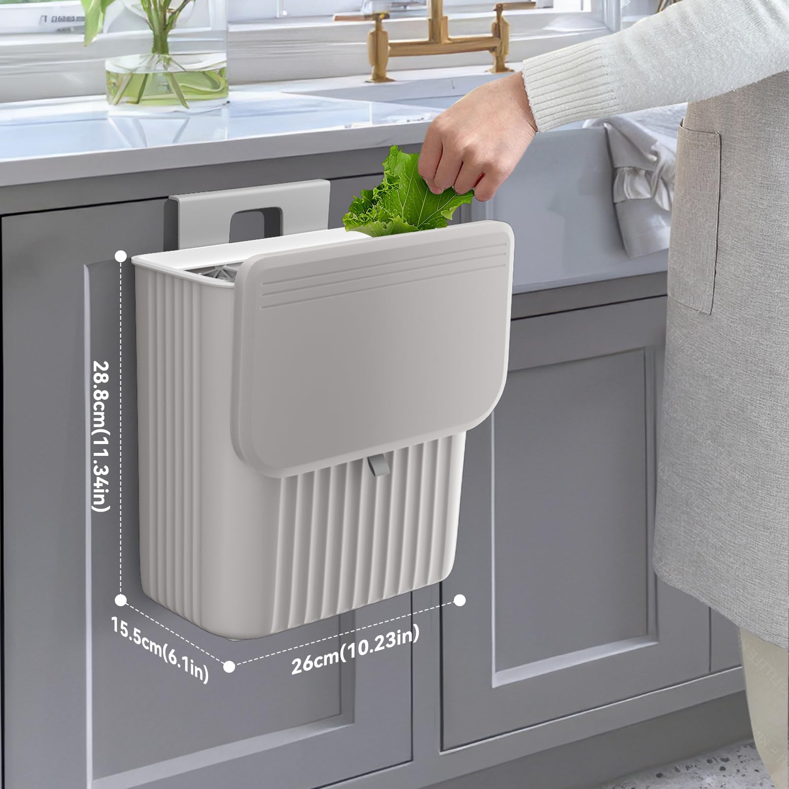 Warmiehomy Kitchen Bin 9L Hanging Trash Can with Lid Wall-mounted Compost Bin for Kitchen Cabinet, Cupboard, Bathroom - Image 4