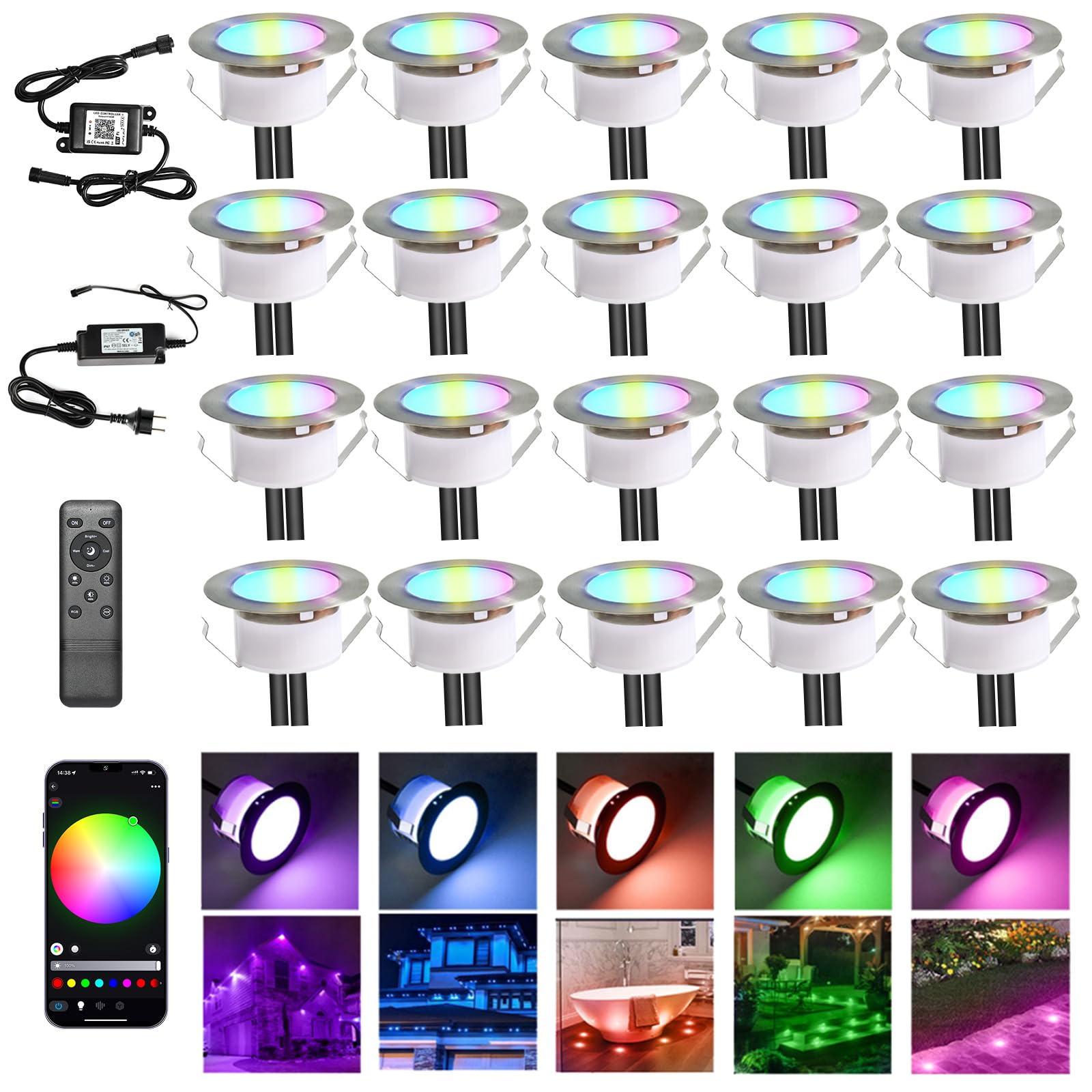 Lote de 20 unidades WIFI multicolor RGB 0,7 W Ø61 mm Foco empotrable exterior regulable funciona con Alexa, Google Home,focos LED empotrables DC 12 V