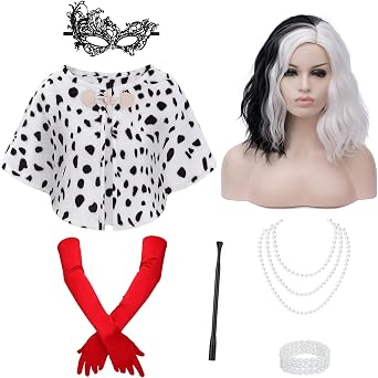 8pcs Cruella Deville Costume Women for Halloween Cosplay HN005