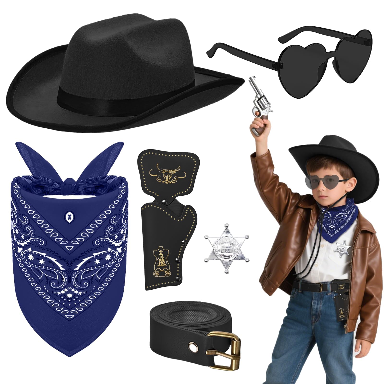 LYNERNOR Cowboy Fancy Dress Accessories, Wild West Cowboy Outfit Kit with Western Hat Paisley Bandanna Sheriff Badge Sunglasses for Halloween Cosplay