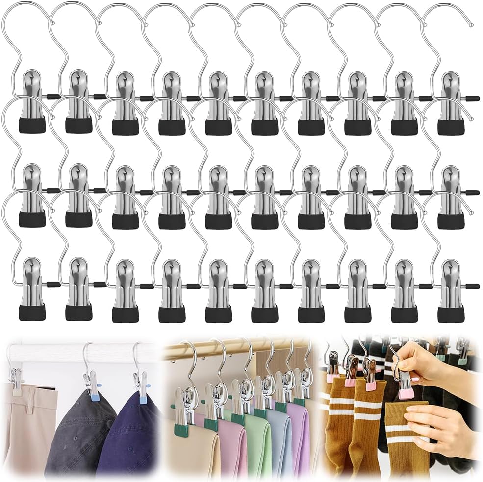 Clothes Pins Hanging Clips, 2025 Upgrade Space-Saving Clothespin Hat Pants Storage Hanging Travel Hook, Multifunctional Hanger Hooks Anti Rust Clips for Clothes (30, Black)