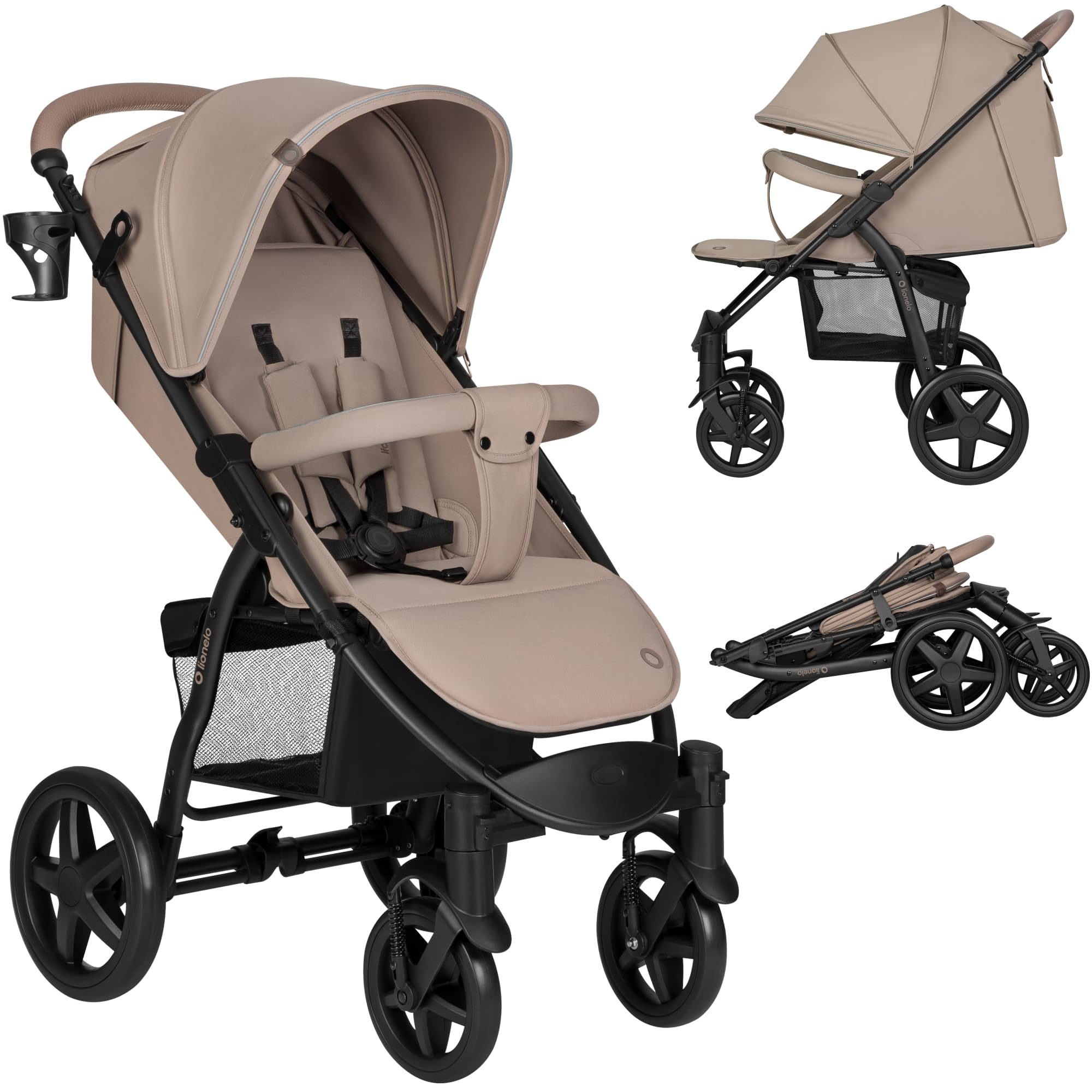 LIONELO Annet Passeggino Leggero Pieghevole Reclinabile fino a 22 kg | Ruote EVA, Cappottina XXL, Zanzariera, Coprigambe e Portabibite, Grigio