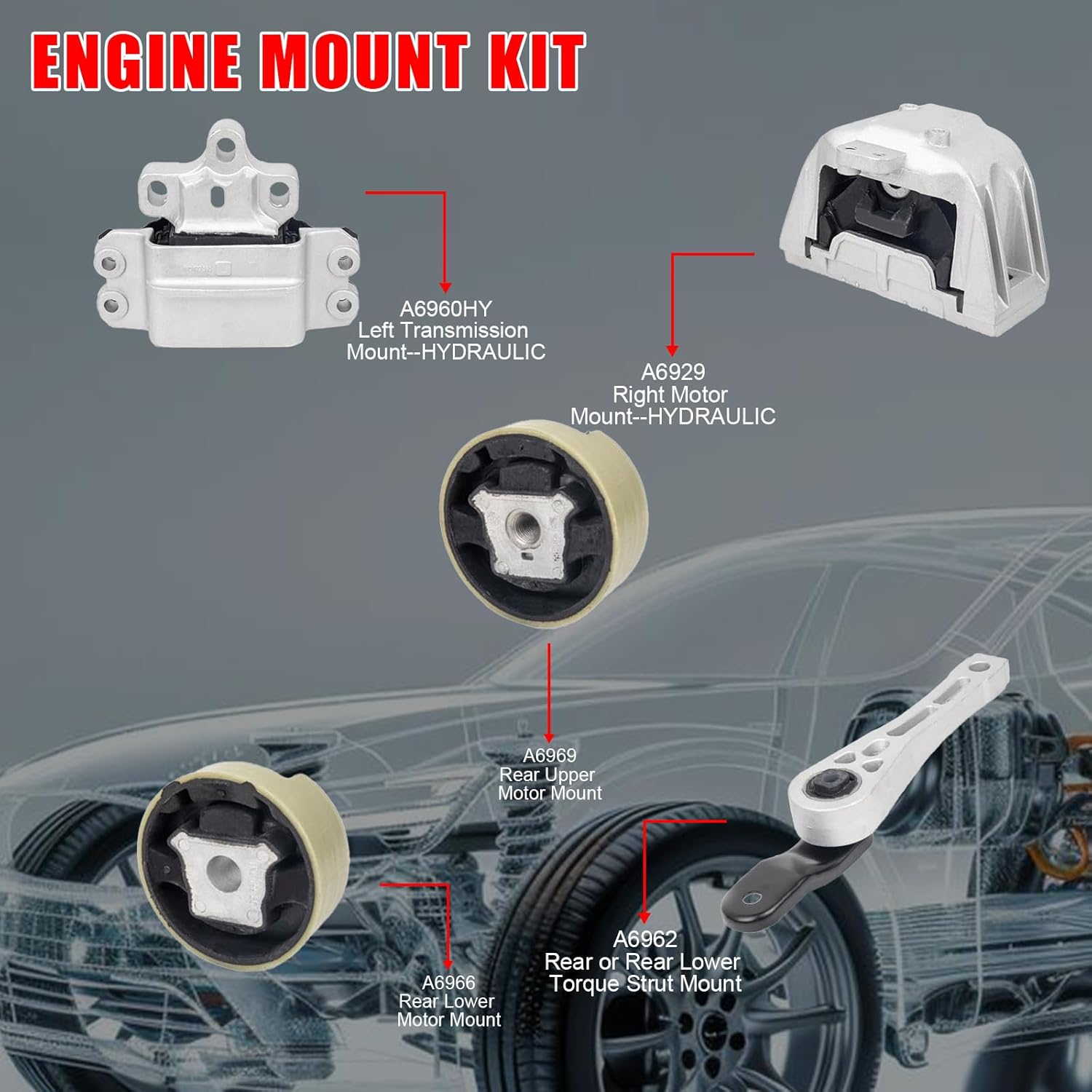 5PCS Engine Motor Mount and Transmission Mount for Volkswagen Jetta 2005-2010, for Jetta City 2007-2009, for Eos 2007-2016, for GTI 2006-2014 & Audi A3, A3 Quattro A6929 A6960HY A6969 A6962 A6966