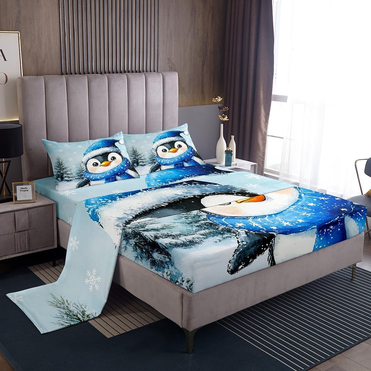 Erosebridal Cartoon Penguin Full Size Sheet Sets 4pcs, Yellow Kawaii Animals Bed Sheets Set for Kids Boys Girls, Winter Snowflakes Print Soft Bed Set for Bedroom, Cute Snow Room Decor Bedding Set