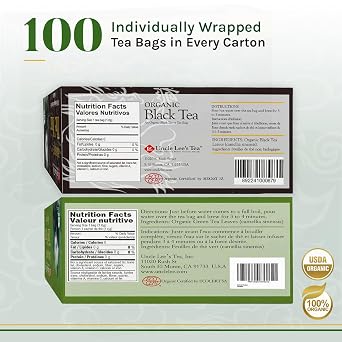 Uncle Lee's Organic Black and Green Tea Variety 2-Pack Premium Organic Tea, Antioxidant-Rich, Bold and Refreshing, Delicious Hot or Iced, 100 Count Ea