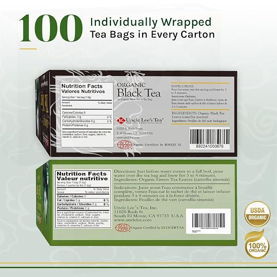 Uncle Lee's Organic Black and Green Tea Variety 2-Pack Premium Organic Tea, Antioxidant-Rich, Bold and Refreshing, Delicious Hot or Iced, 100 Count Ea
