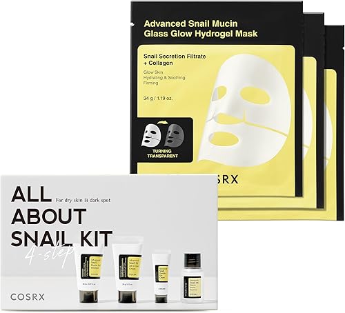 COSRX All About Snail Set + Hydrogel Mask 3EA- Snail Mucin Skincare Set and Glass Glow Hydrogel Collagen Face Mask, Travel Essentials, Stocking Stuffers, Korean Skin Care
