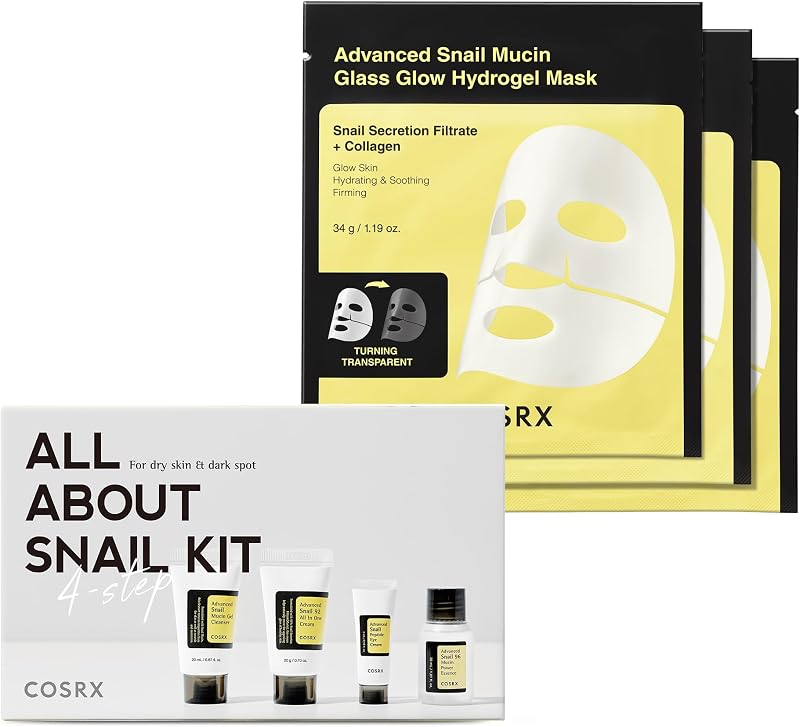 All About Snail Set + Hydrogel Mask 3EA- Snail Mucin Skincare Set and Glass Glow Hydrogel Collagen Face Mask, Travel Essentials, Stocking Stuffers, Korean Skin Care
