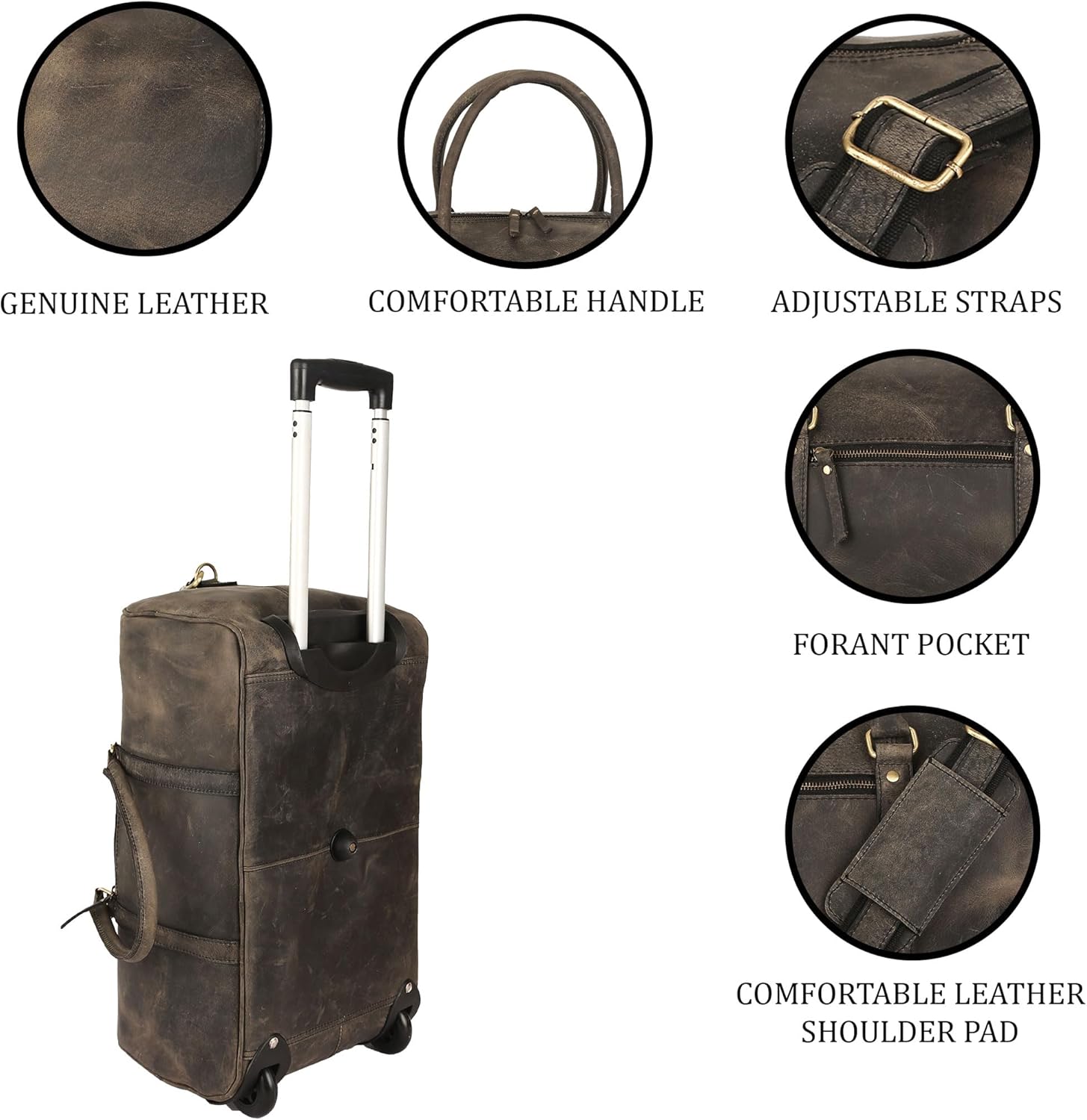 Leather Rolling Travel Duffle Bag for Men Women 21 inch with wheels Sports Overnight Weekend Duffel Gym Cabin Holdall with wheels for easy carry