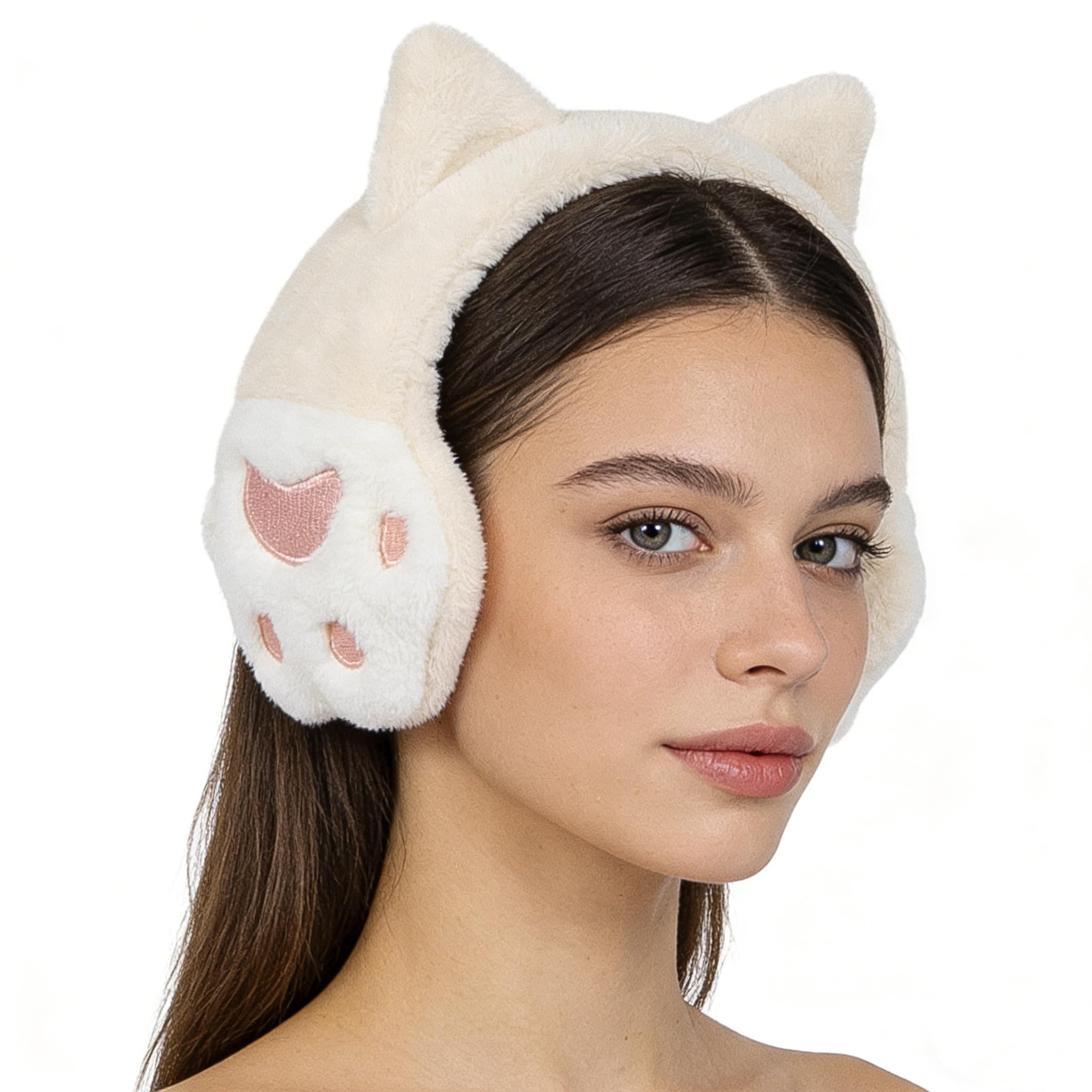 Hksichengkejiuk Women's Beige Winter Ear Warmer Cute Cat Outdoor Warm Earmuffs Faux Furry Winter Ear Muffs Warm Ear Covers Fur Adjustable Earmuffs Headband Fluffy Ski Ear Warmer For Girls One Size