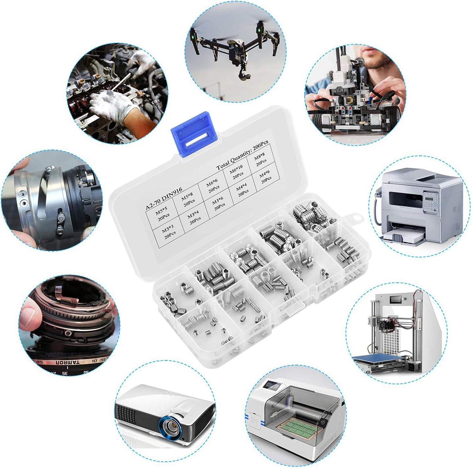 200pcs M3 M4 M5 M6 M8 Hex Grub Screw Allen Head Socket Cup Point Set Screw 304 Stainless Steel Assortment Fasteners Kits