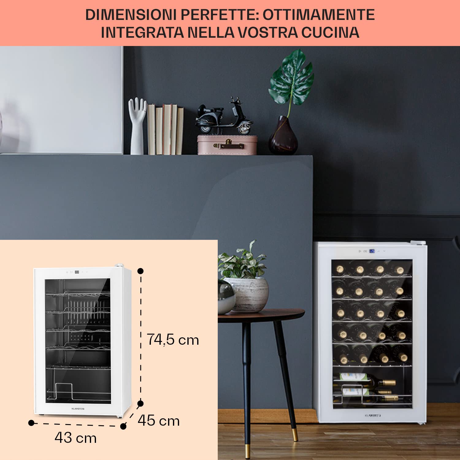 KLARSTEIN Cantinetta Vino Design, Cantinetta Vino Refrigerata a Zona Singola per Vino Rosso, Bianco e Birra, Controlli Touch, Frigo Vino Cantinetta per Esterno/Interno, 5-18°C, 63L, 24 Bottiglie