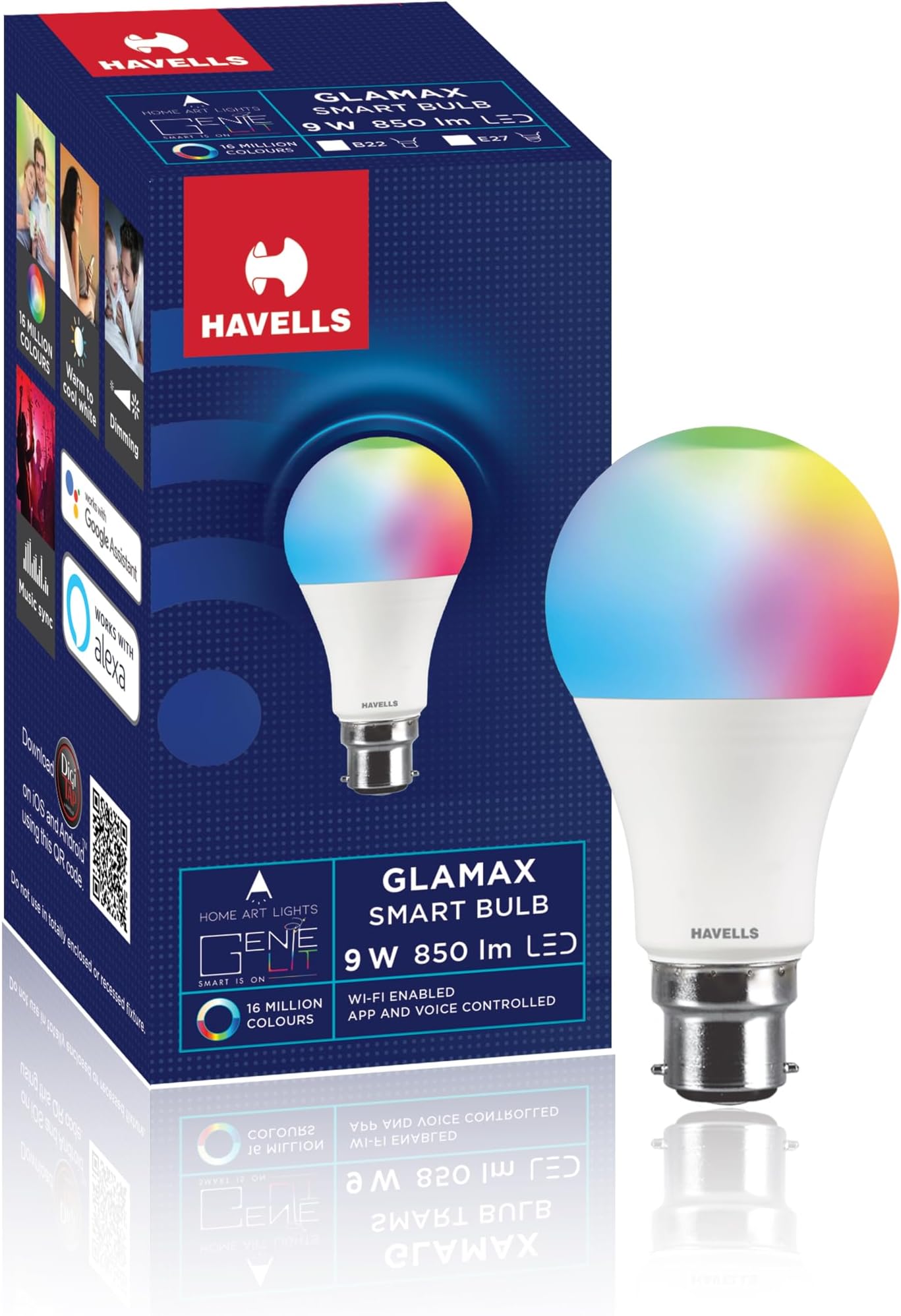Havells Glamax 9W B22 WiFi LED Smart Bulb with Music Sync Function, Compatible with Amazon Alexa and Google Assistant (16M Colours)