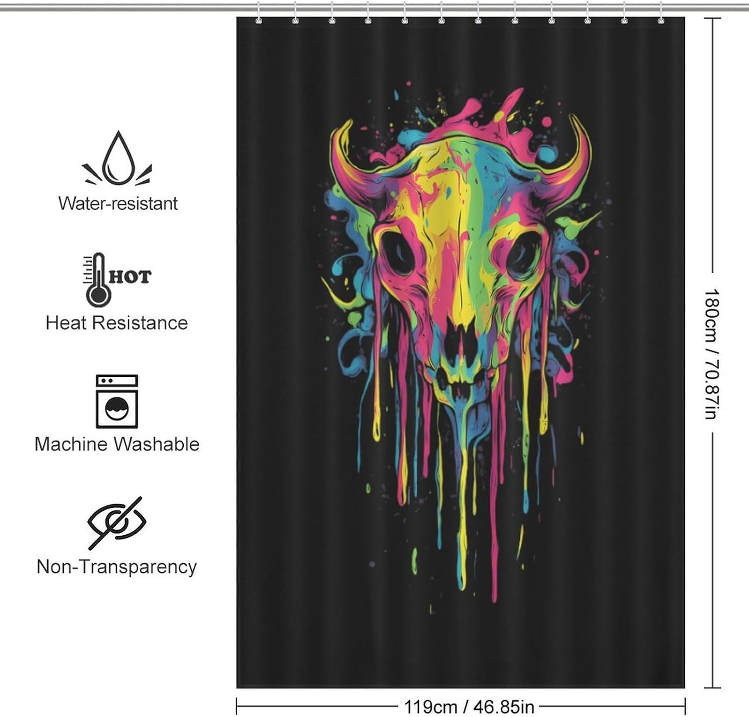 Colorful Skull Cow Funny Shower Curtains Washable Bath Curtain Liner with Hooks for Bathroom Bath Tubs