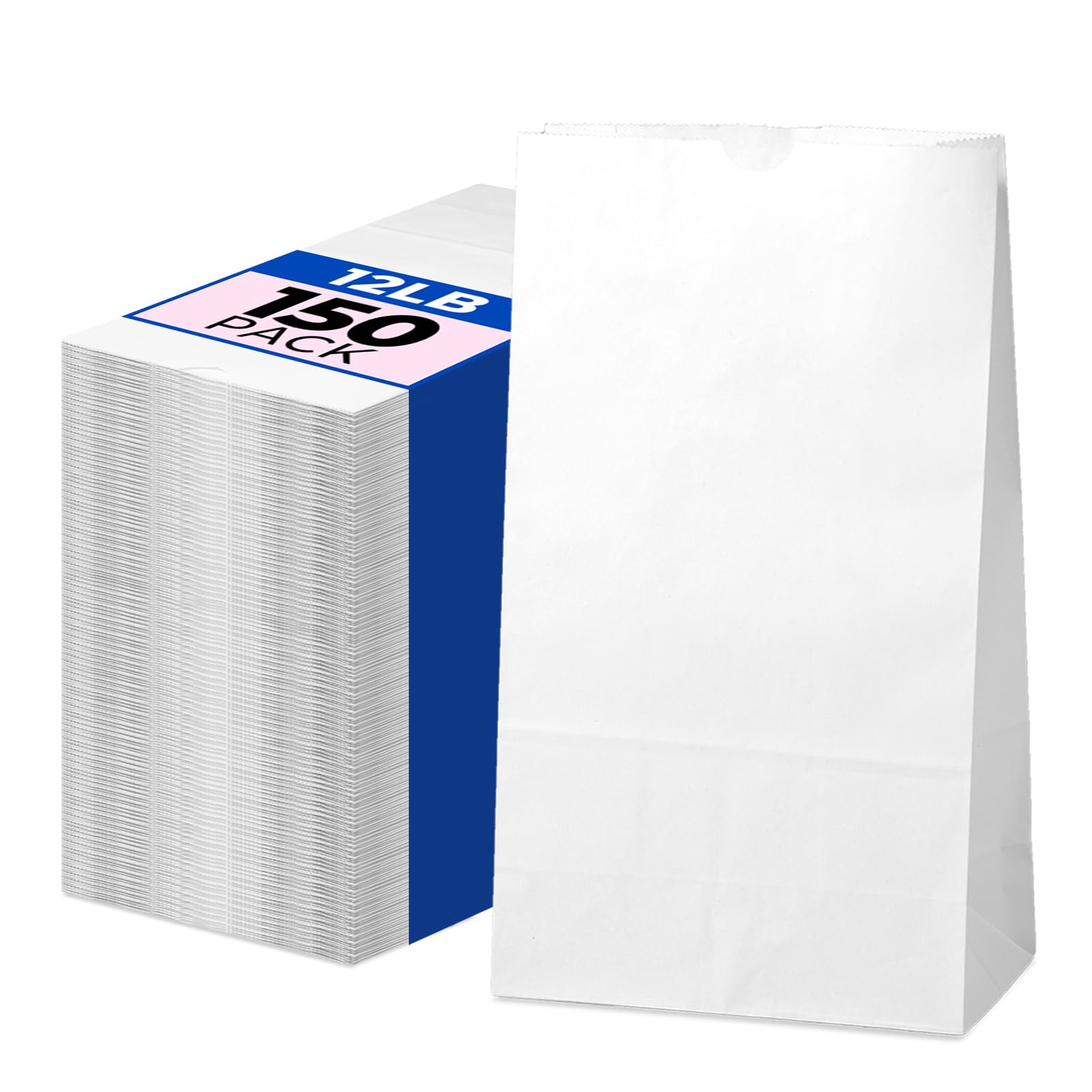 Fit Meal Prep 150 Pack 12 lb White Paper Lunch Bags, 13 x 7 x 4.5" Durable Paper Bags Bulk for Packing, Delivery, Take Out, Grocery, Retail Shopping,
