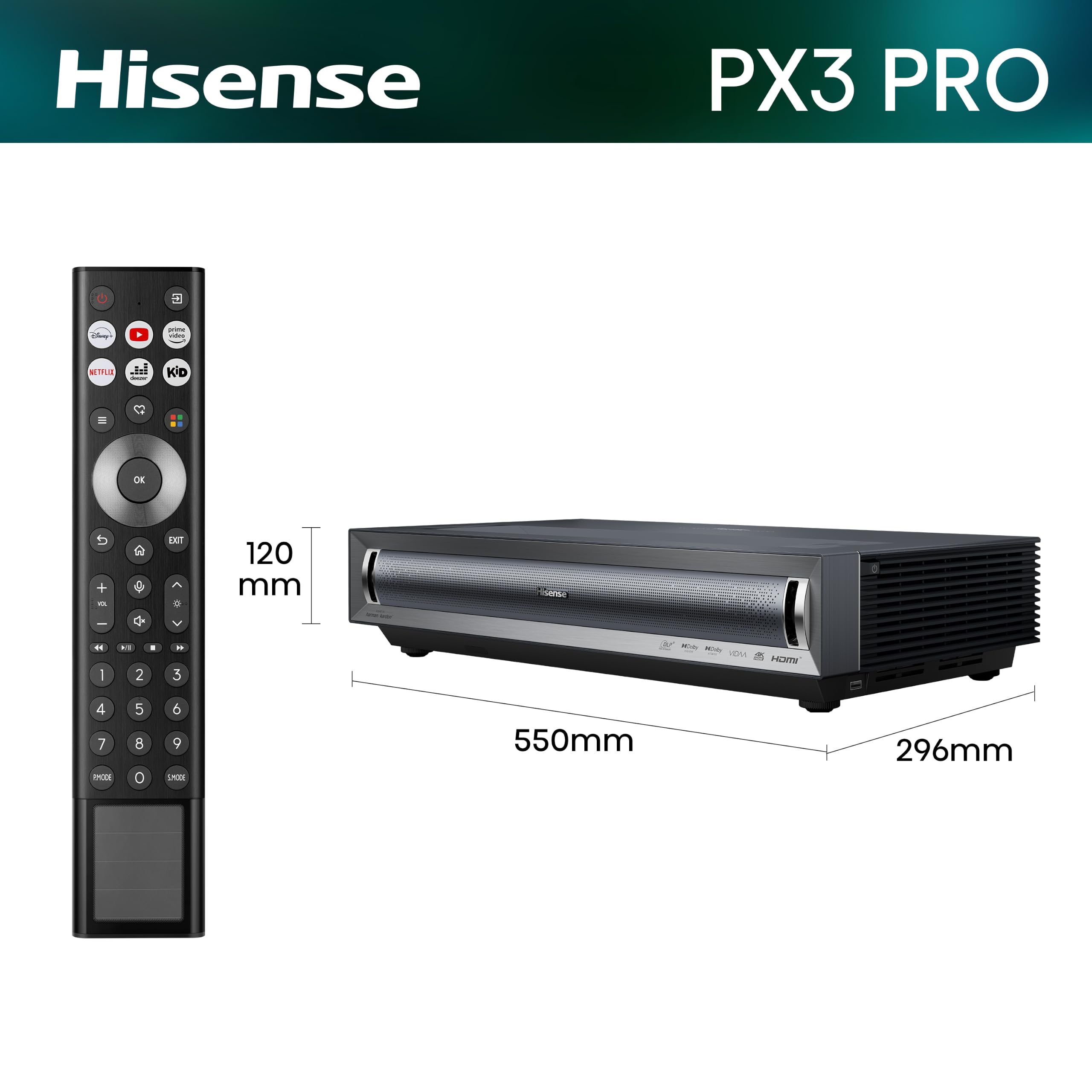Hisense PX3-PRO 4K Smart Laser Projektor/Ultrakurzdistanzbeamer/ 80''-150‘‘ Projektionsgröße/Hisense LPU Technologie/Dolby Vision.Atmos/Xbox-Zertifiziert/ 3000 ANSI Lumen/Erweitertes Farbspektrum