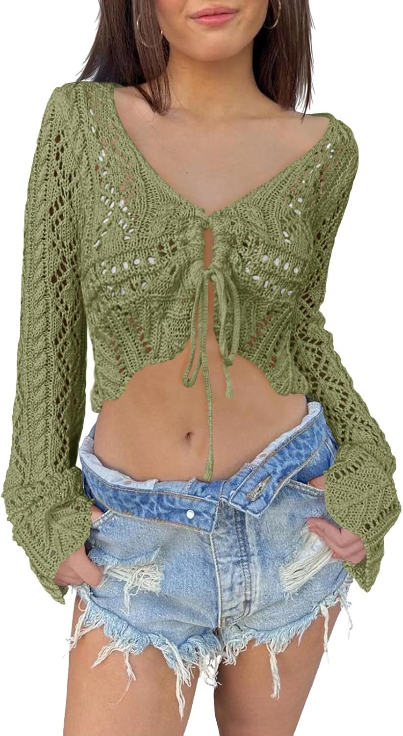 Saodimallsu Womens Crochet Crop Tops Tie Front Bell Long Sleeve Cardigan V Neck Lightweight Knit Shrug Sweaters