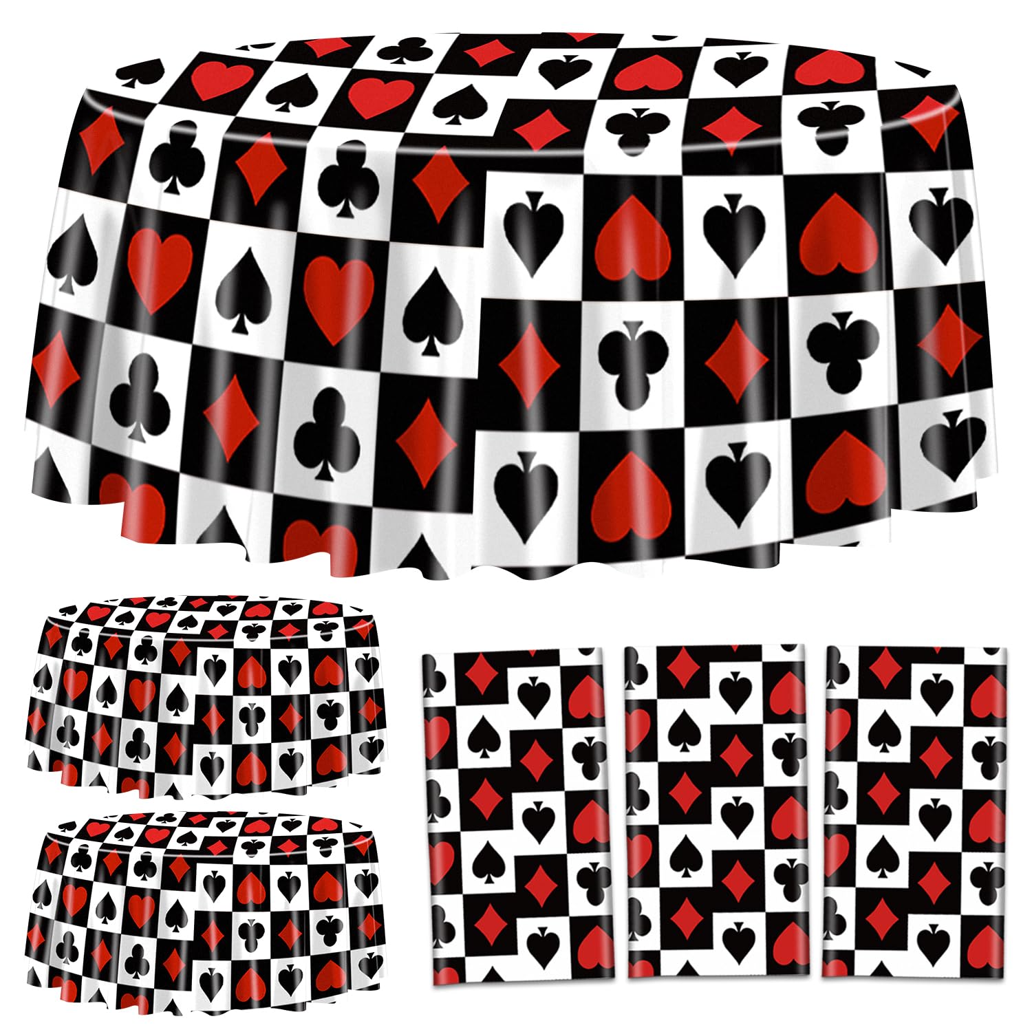 XJLANTTE 3Pcs Casino Tablecloths, Poker Table Cover, Round Casino Theme Table Cloth for Picnic Birthday Playing Card Casino Party Decorations, 84 x 84 Inch