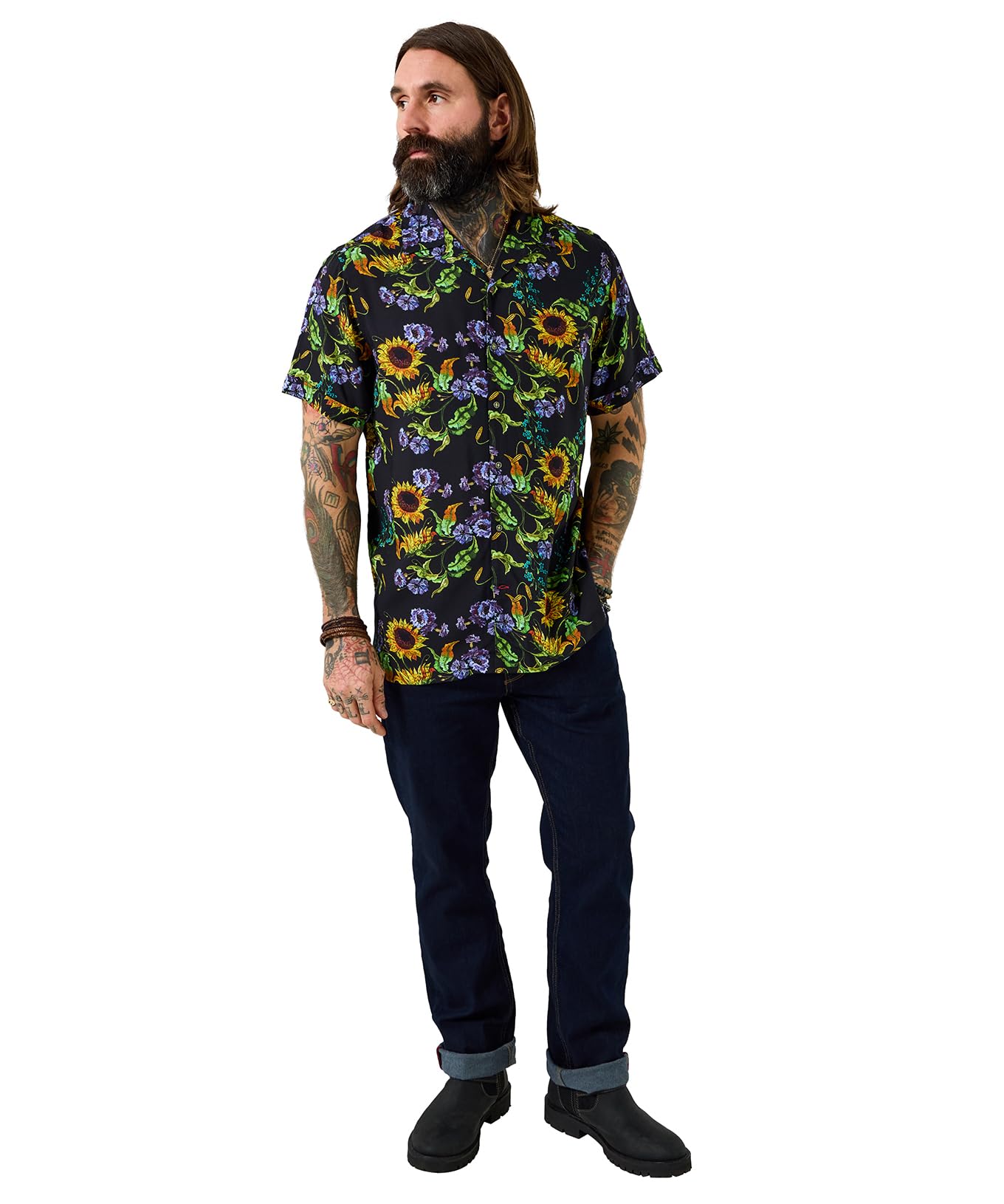 Joe Browns Men's Bold Sunflower Floral Print Short Sleeve Shirt, Regular, Black, UK L