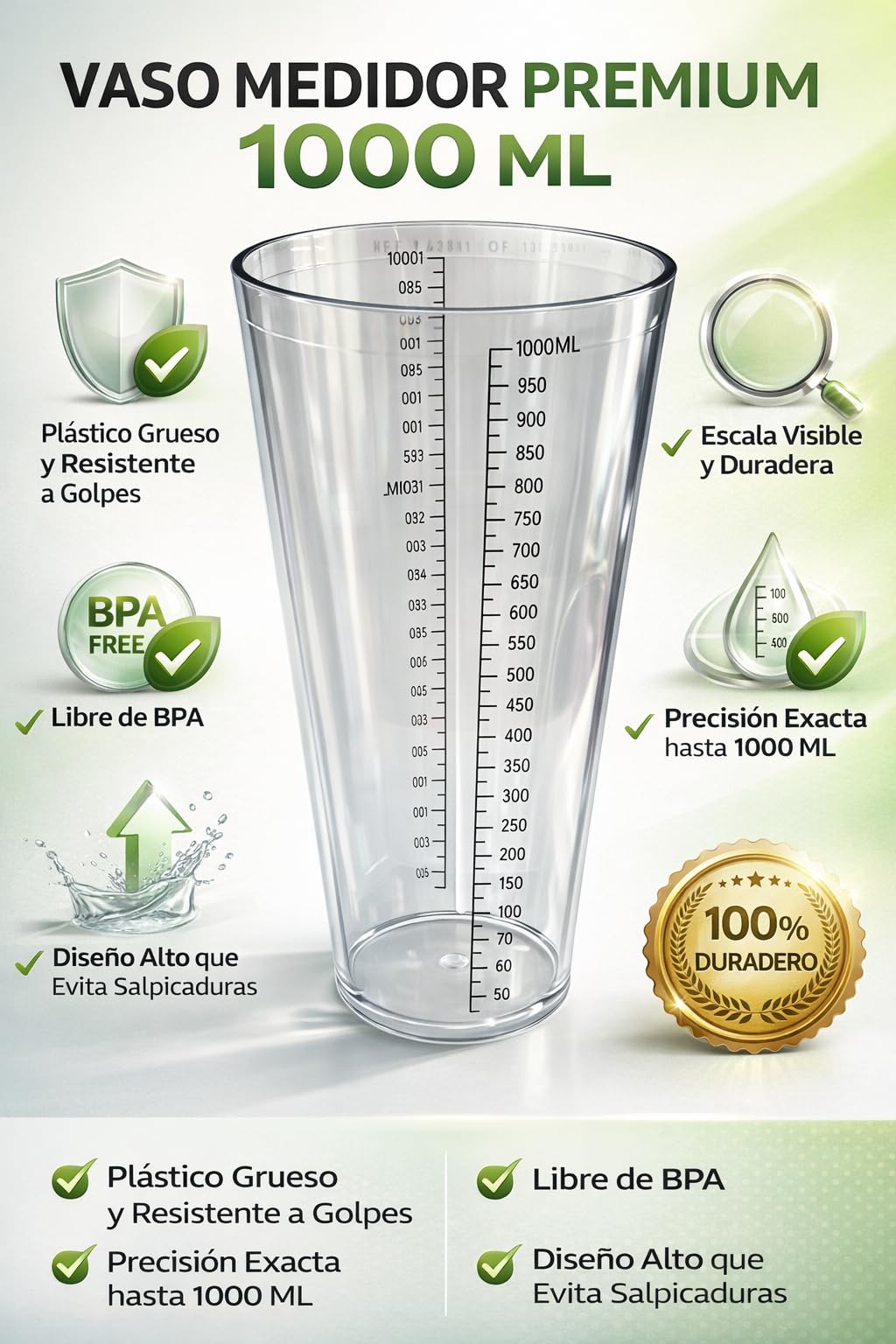 Vaso Batidora de Mano 1000 ml – Jarra Medidora Plástico sin BPA Compatible con Braun, Cecotec