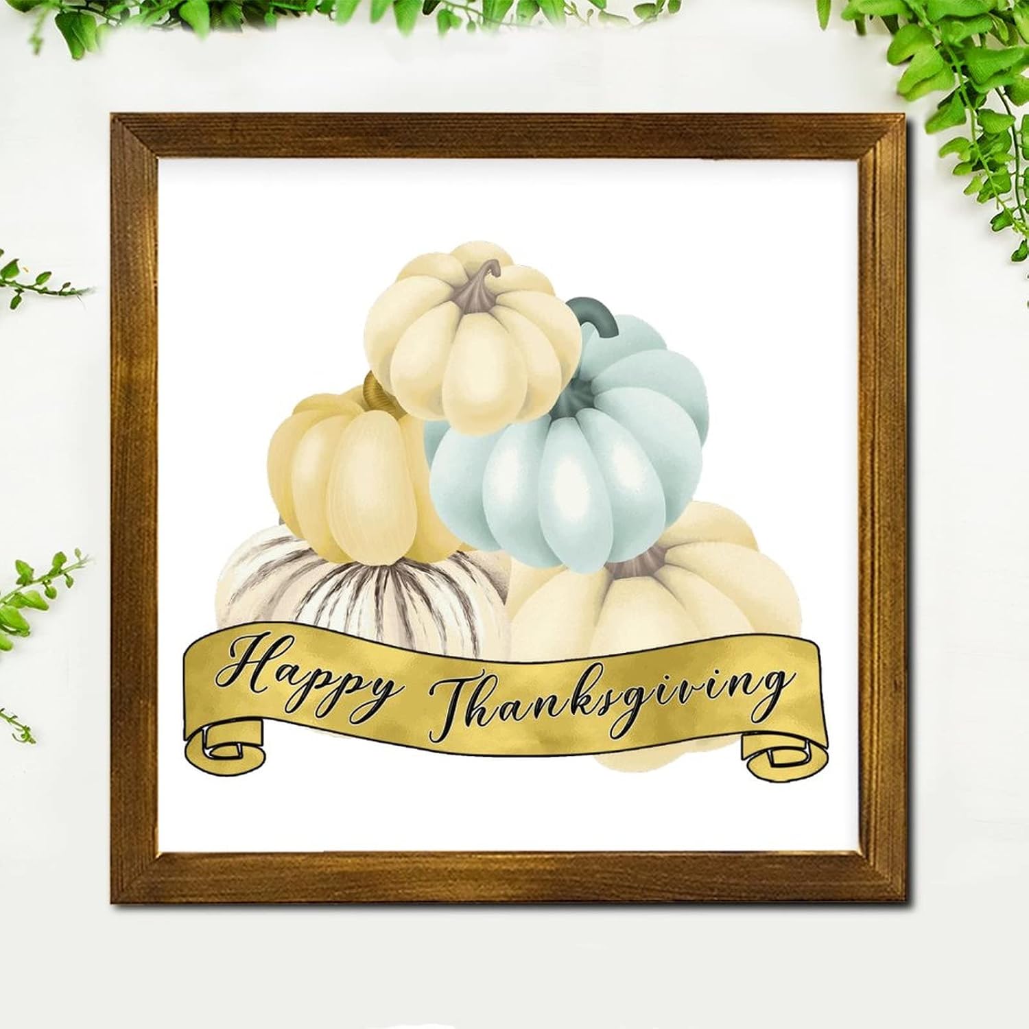 Happy Thanksgiving Day Framed Wooden Sign Fall Pumpkin Sunflower Wooden Plaque Retro Farm Harvest Wall Art Hanging Farmhouse Decoration Plaque for Home Kitchen Living Room Table 12x12 inch