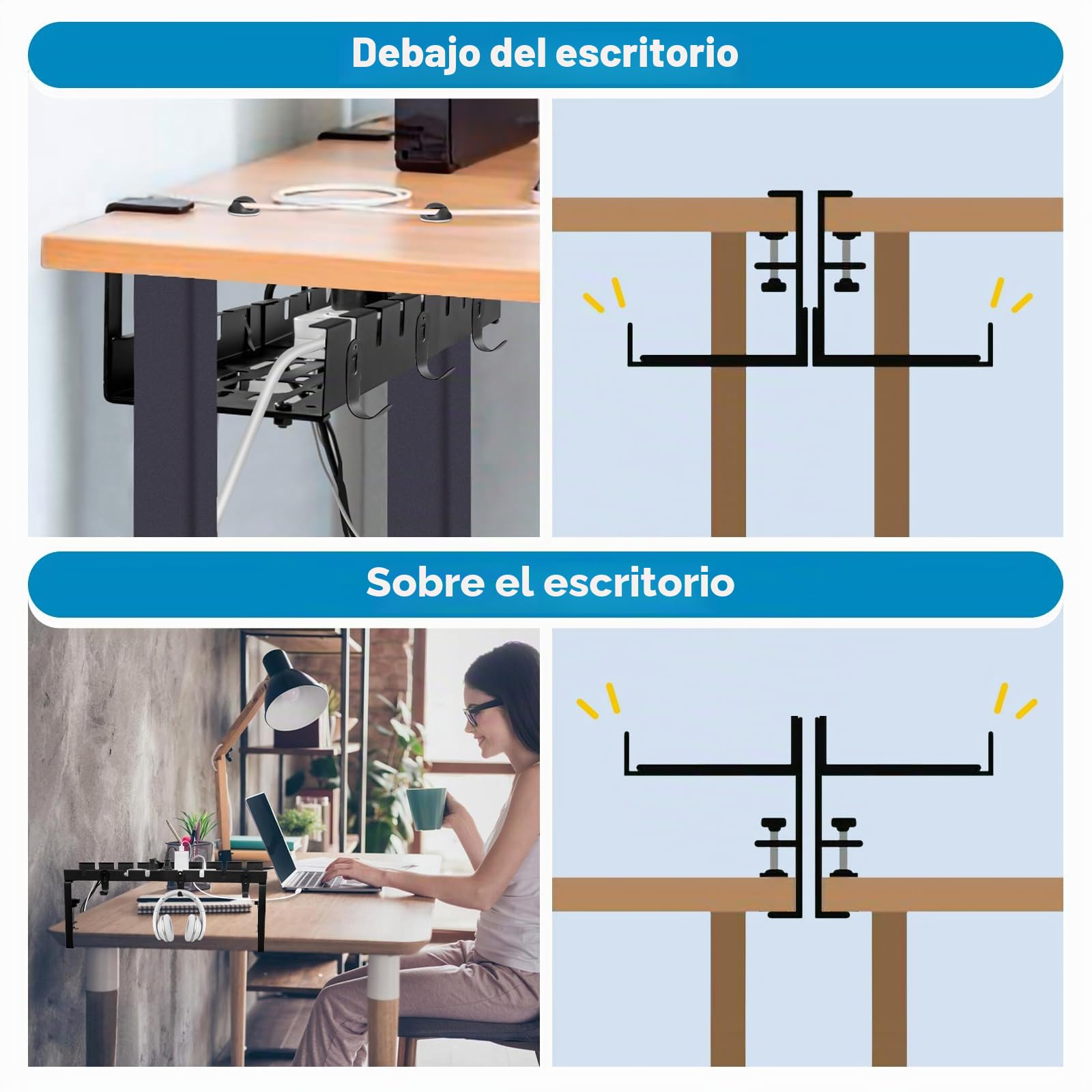 Organizador Cables Escritorio Retráctiles de 28,5CM a 55CM, Bandeja Cables Escritorio sin Taladrar, Gestión de Cables Debajo del Escritorio, Cesta de Bandeja de Cables para Hogar u Oficina