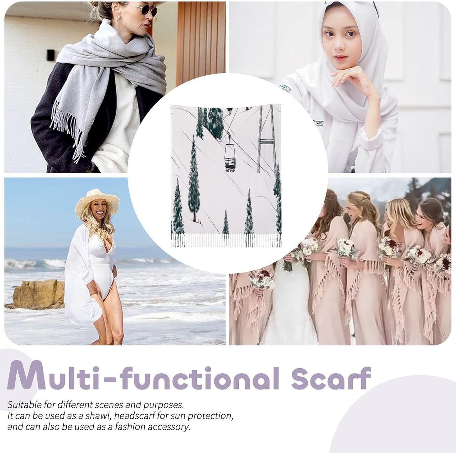 Ski Lift With Fir Tree Scarf for Women Men Soft Warm Fashion Blanket Scarves Classic Cashmere Feel Scarf Long Shawl Large Scarves Cold Weather Thick Blanket Scarfs