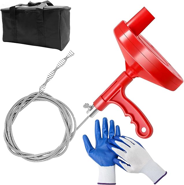 3 in 1 Snake Drain Auger 7.62m Sink Snake Pipe Drain Cleaner Hair Clog Remover Heavy Duty Pipe Snake for Bathroom Bathtub Toilet Kitchen Sink Shower Drain, with Gloves and Handbag ZITFRI