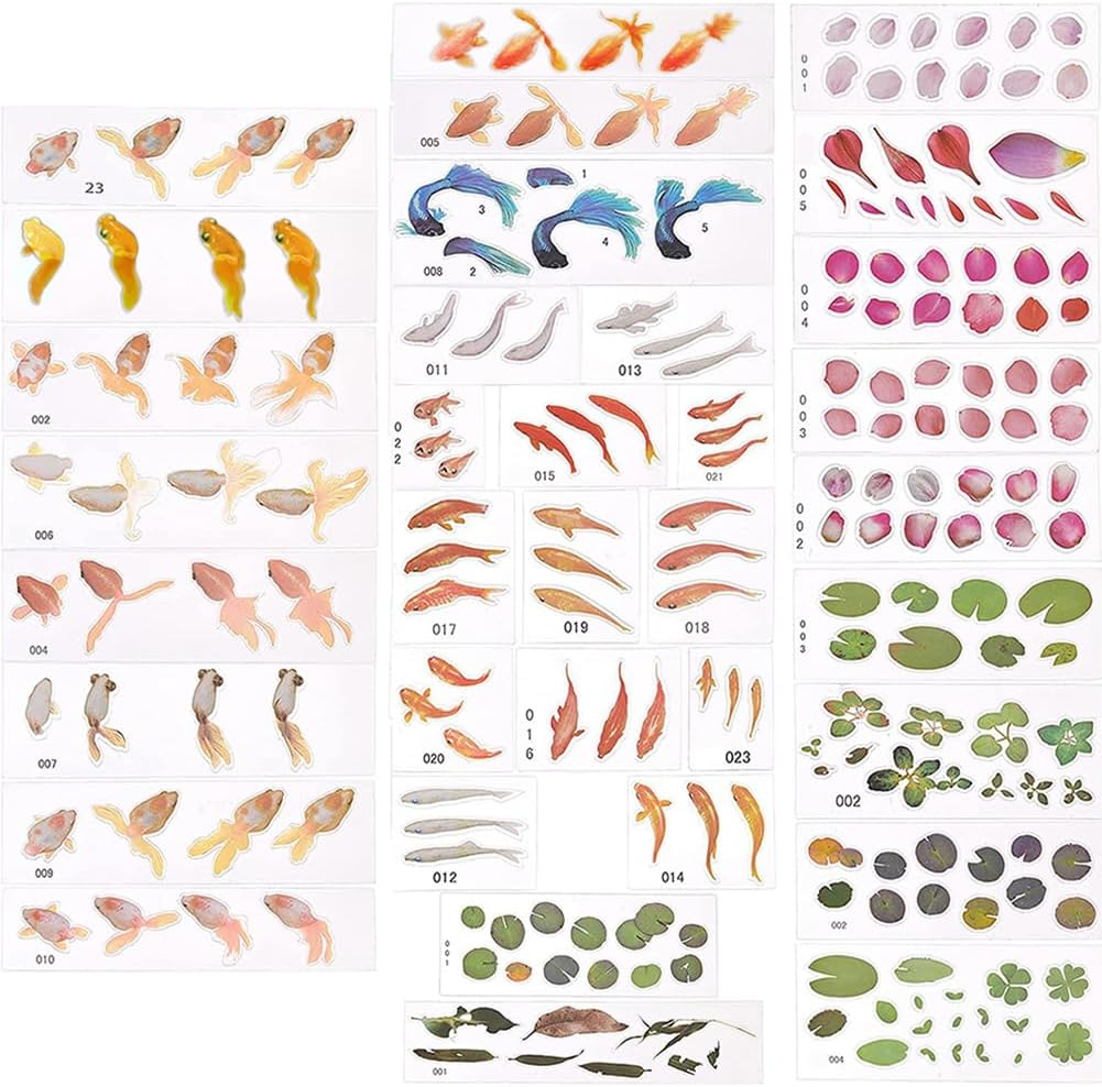 OLYCRAFT 34 Sheets 3D Goldfish Film Stickers Koi Pond Painting Stickers Goldfish Lotus Leaf Resin Sticker Transparent Resin Decorate Sticker for Resins Craft Art