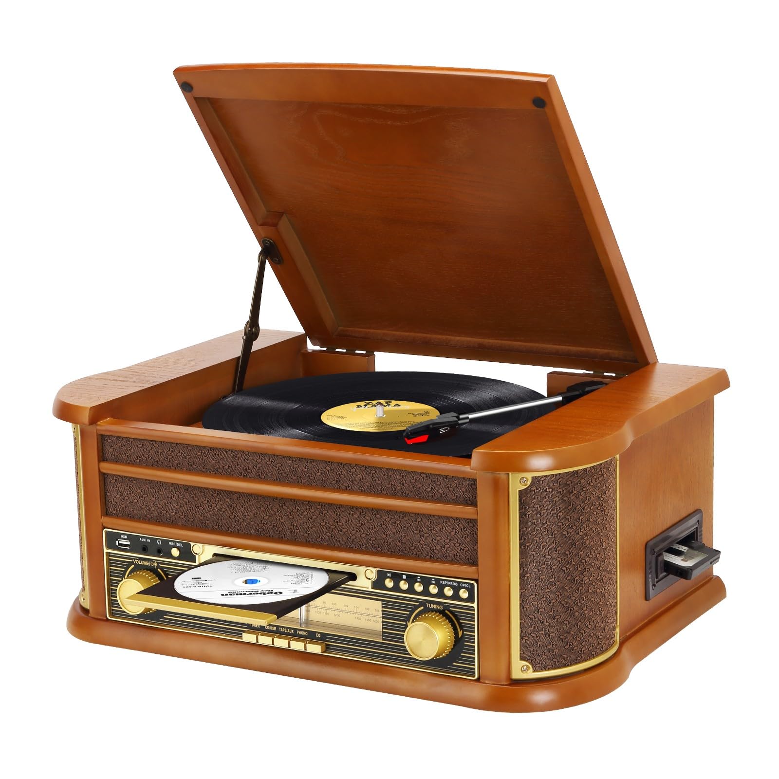Giradischi 9 in 1 con Bluetooth, Radio AM/FM, Lettore CD e Cassette, Riproduzione USB, Telecomando, Altoparlanti Integrati, Giradischi Vintage