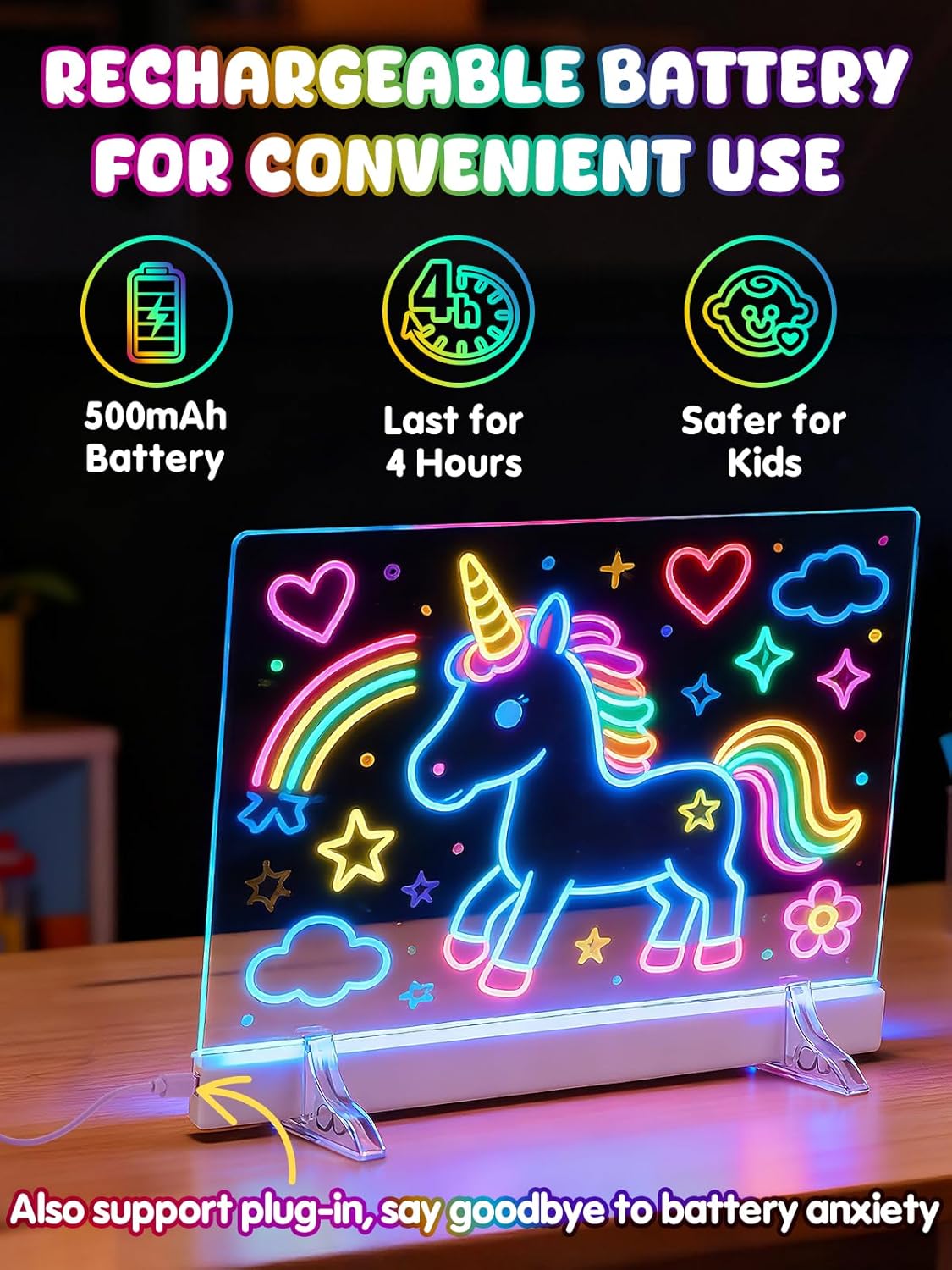 Light Up Led Drawing Board for Kids - Rechargeable 9.8"x13.8" Acrylic Led Note Board with 7 Colors & 4 Modes, Doodle Boards for Art Supplies, Birthday Gifts for Grandkids, 2 Pack
