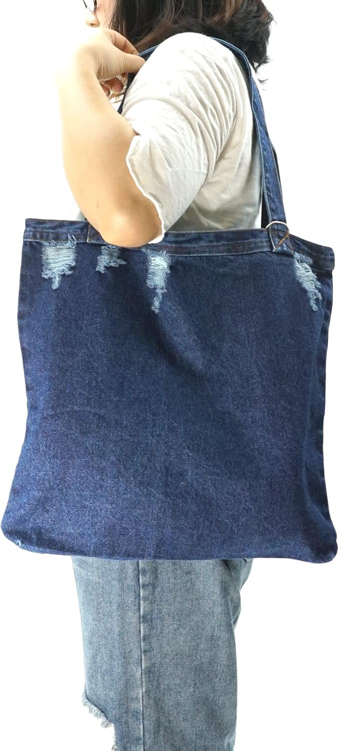YunZh Reusable Grocery Bags Denim Tote Bag Casual Style Lightweight Classic Retro Travel Shopper Shoulder Handbag - Image 5