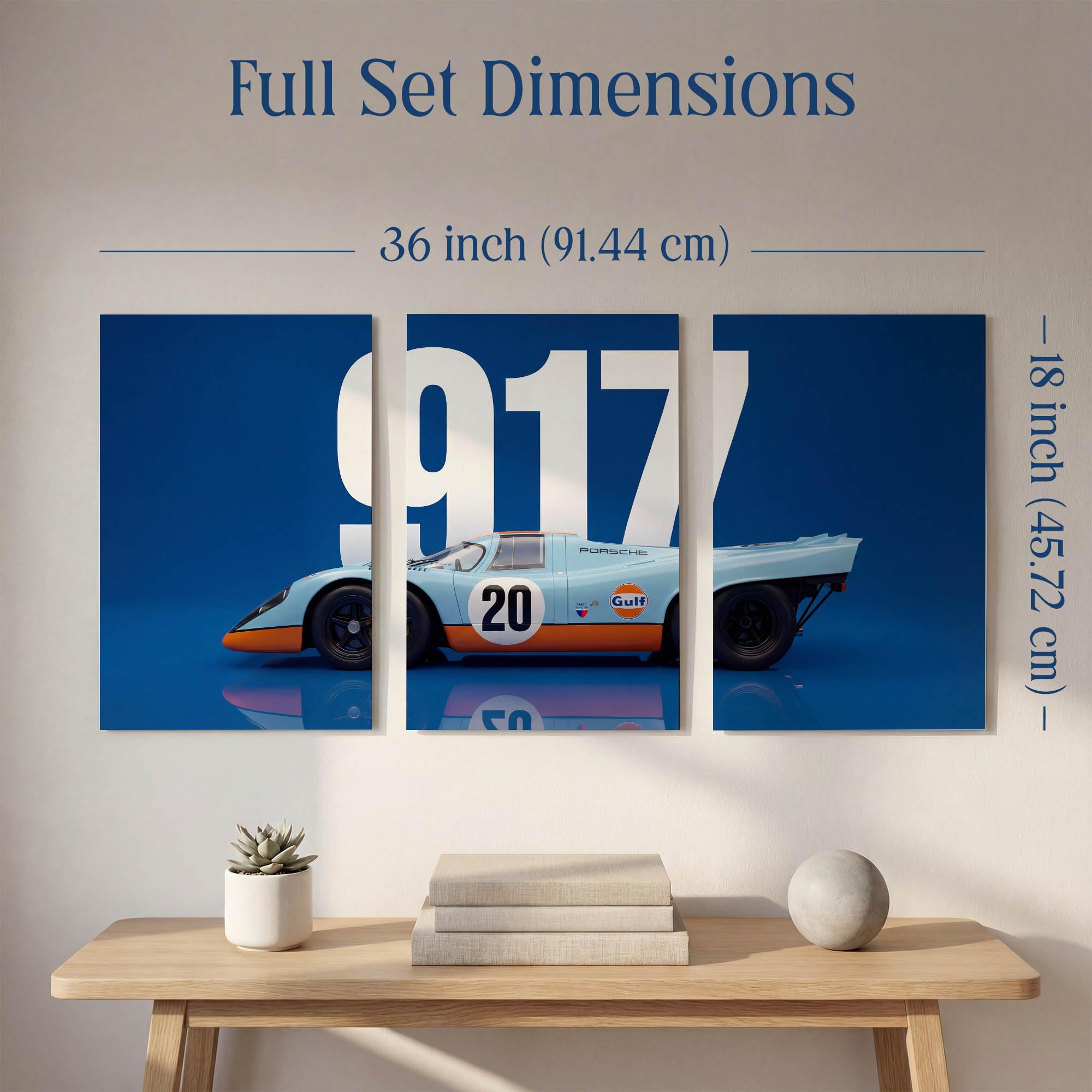 SoulAbiti 3-Piece Porsche 917 Wall Art - Gulf Livery Blue & Orange Racing Car Printed Poster Large Motorsport Triptych Posters - Racing Decor for Room & Garage Le Mans Legend 1